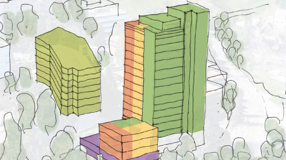 Architekturzeichnung von drei mehrstöckigen Gebäuden, die von Bäumen umgeben sind, dargestellt mit grünen, orangefarbenen und violetten Blöcken.