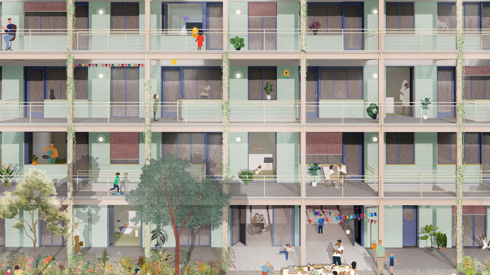 Illustration eines Mehrfamilienhauses, in dem Menschen miteinander plaudern, im Garten arbeiten und auf den Balkonen sowie im Innenhof entspannen.
